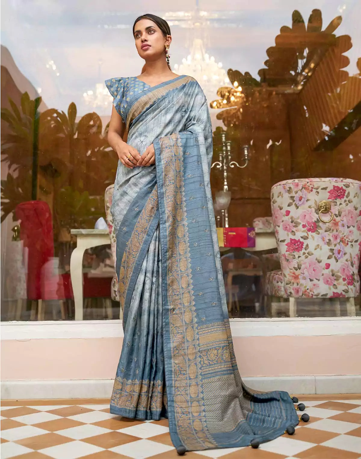Image of Light Blue Khaddi Jute Silk Fancy Saree