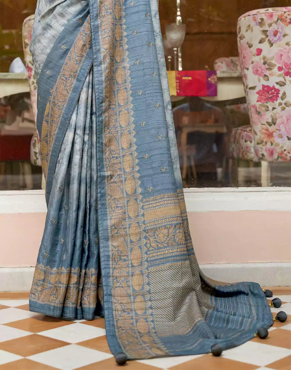 Image of Light Blue Khaddi Jute Silk Fancy Saree