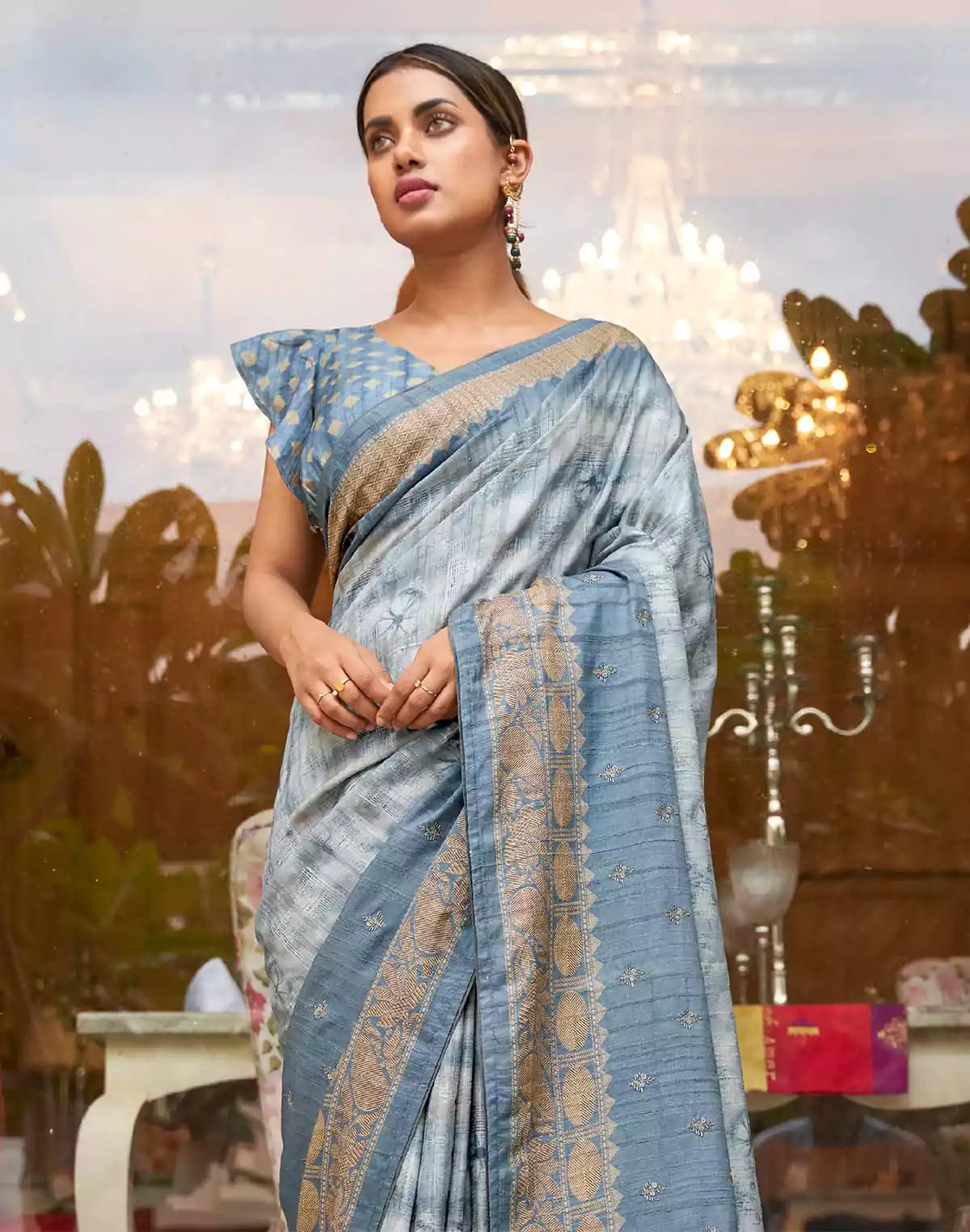 Image of Light Blue Khaddi Jute Silk Fancy Saree