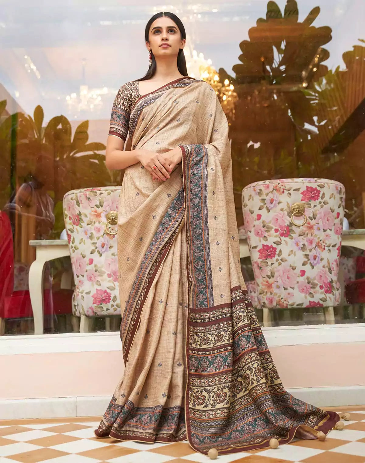 Image of Cream Jute Silk Saree with Broad Border