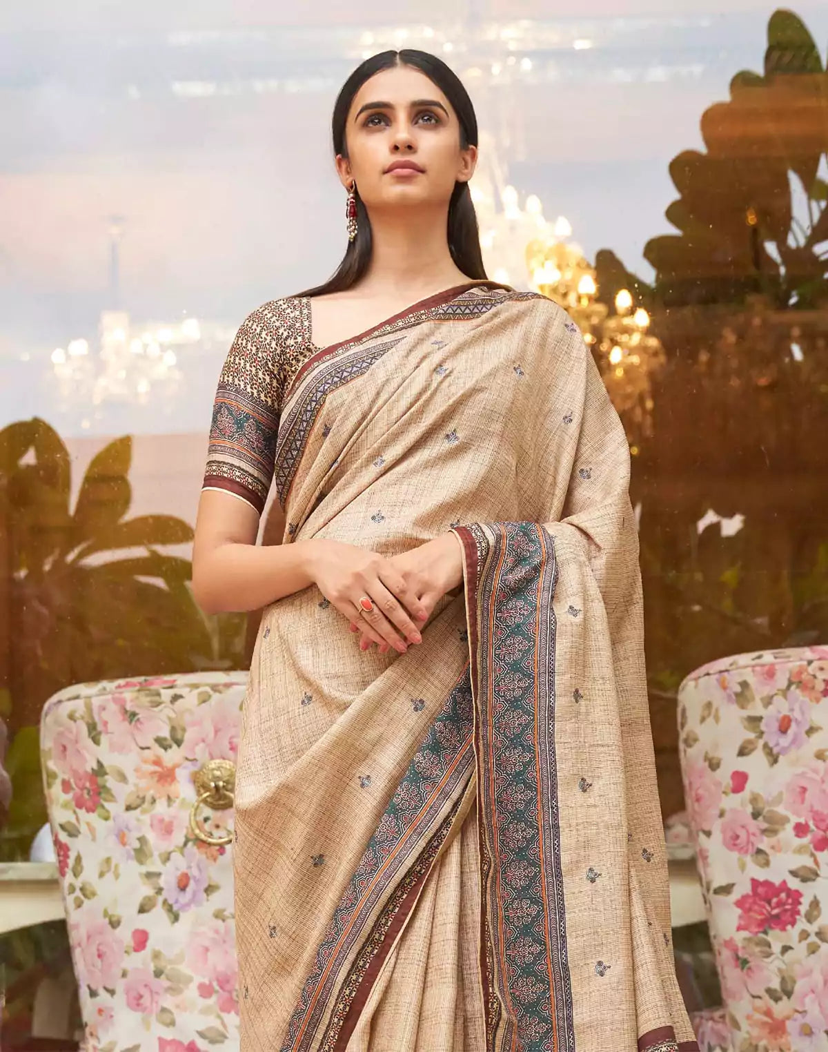 Image of Cream Jute Silk Saree with Broad Border