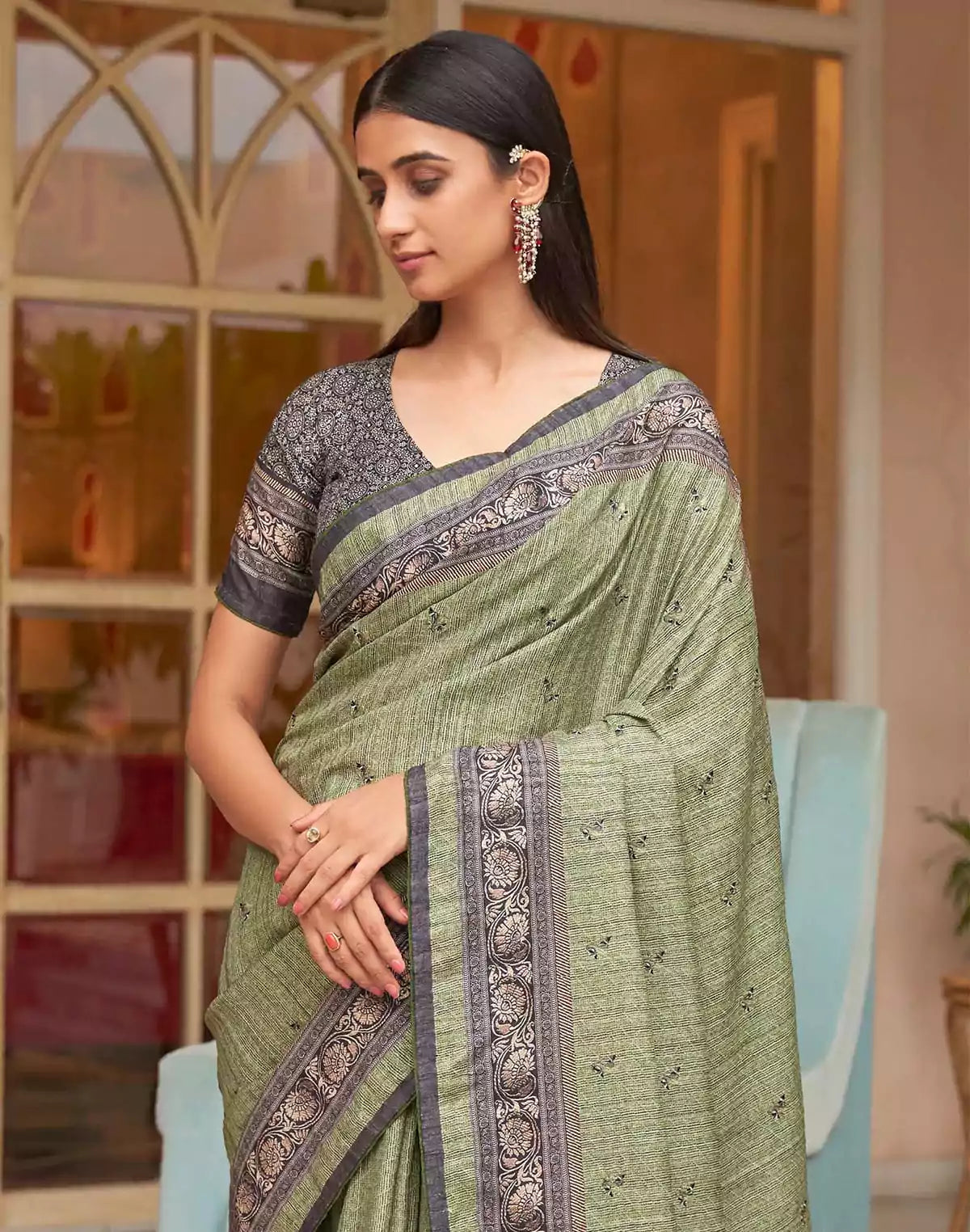 Image of Light Mehendi Green Jute Silk Fancy Saree