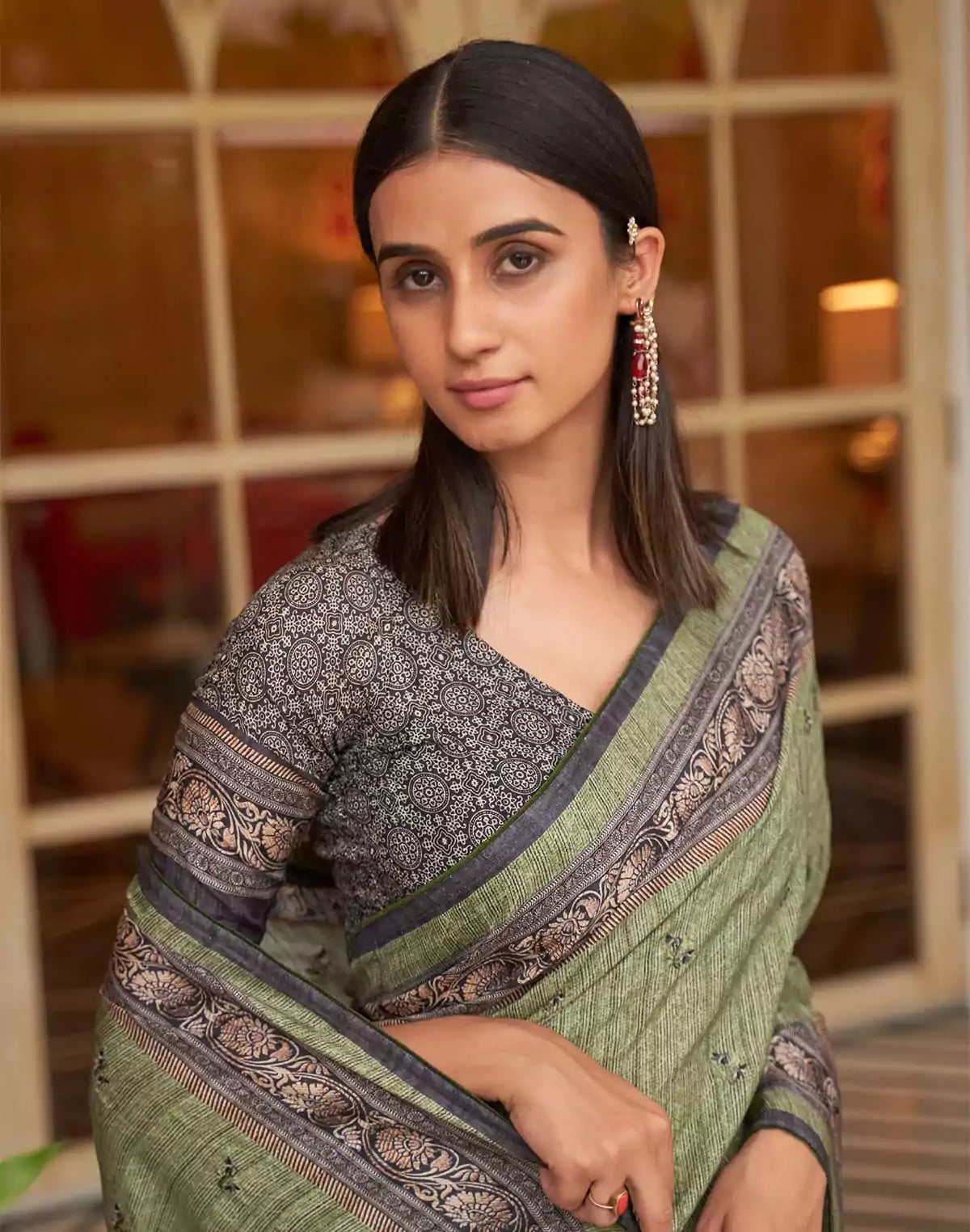 Image of Light Mehendi Green Jute Silk Fancy Saree