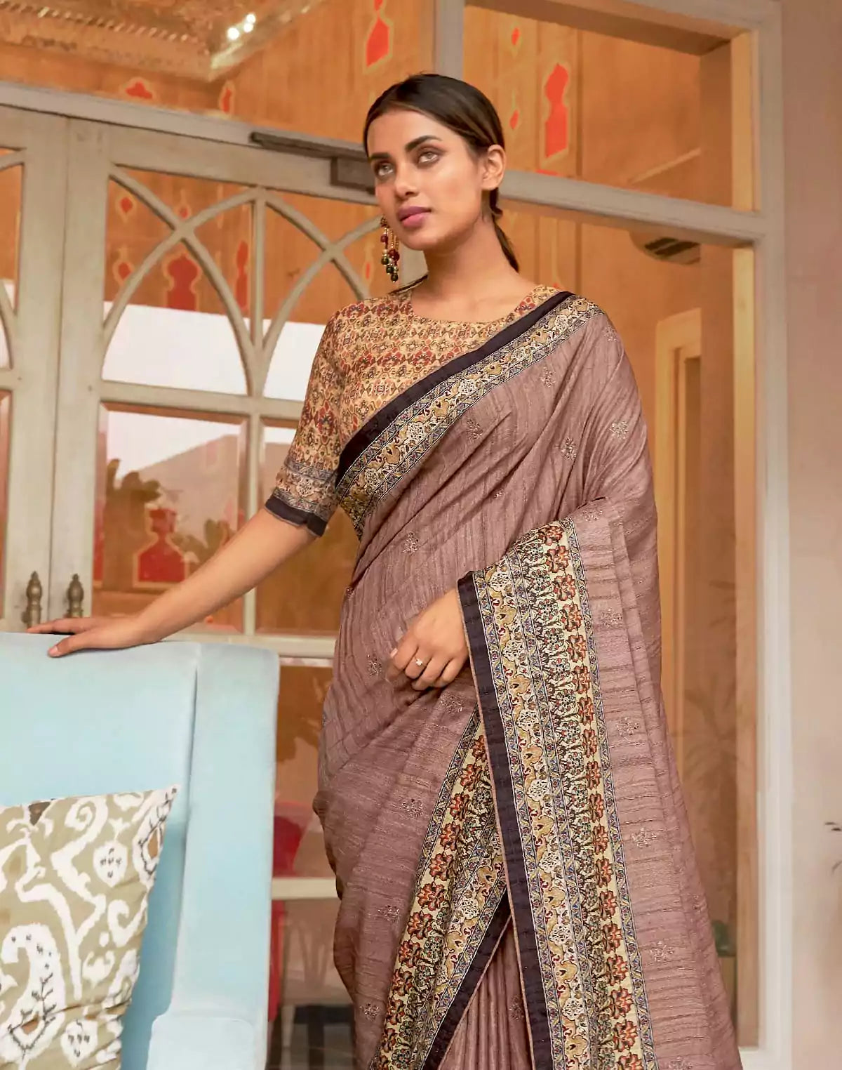 Image of Light Brown Floral  Jute Silk Saree