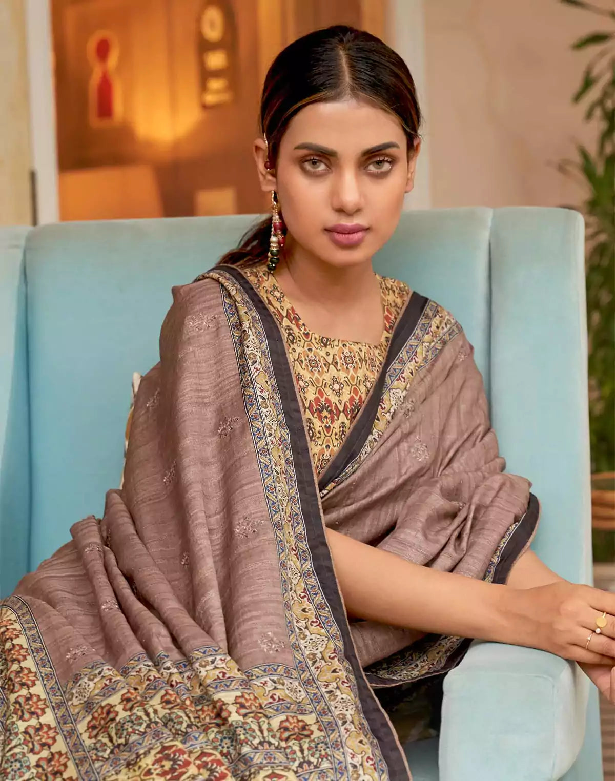 Image of Light Brown Floral  Jute Silk Saree