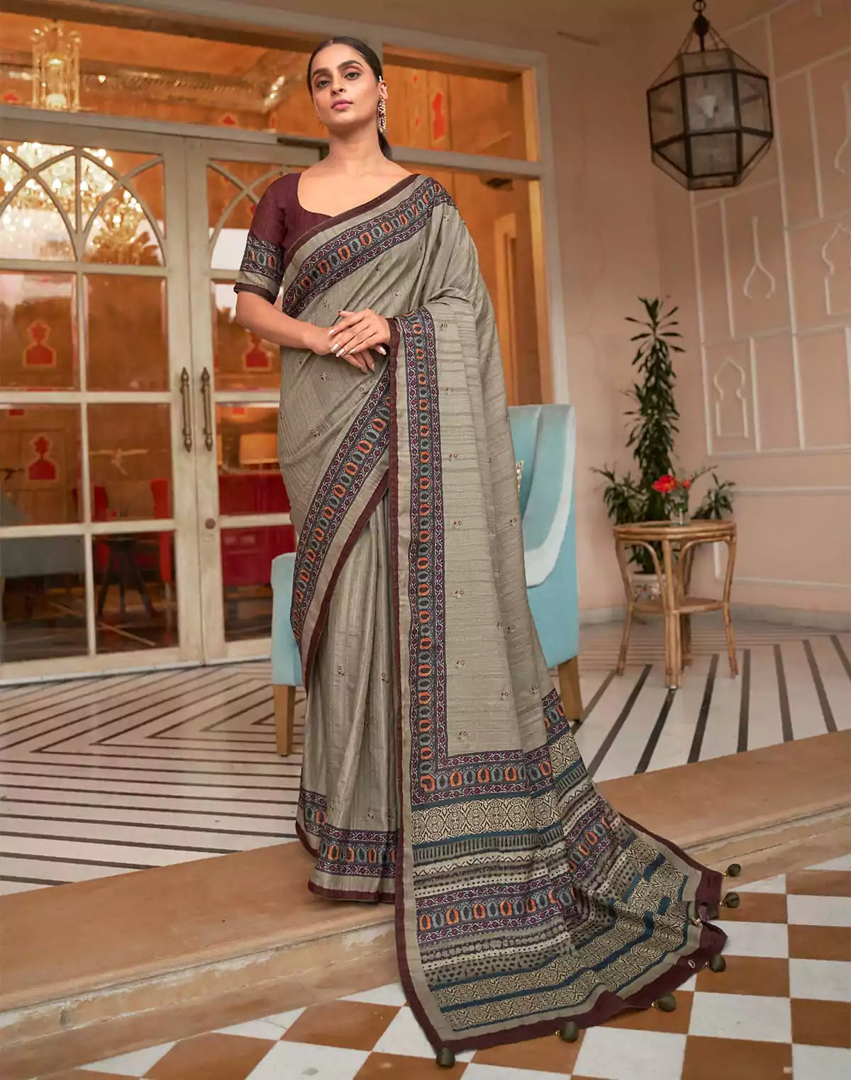 Image of Grey and Maroon Jute Silk Saree