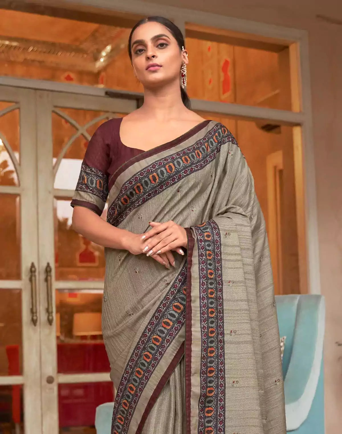 Image of Grey and Maroon Jute Silk Saree