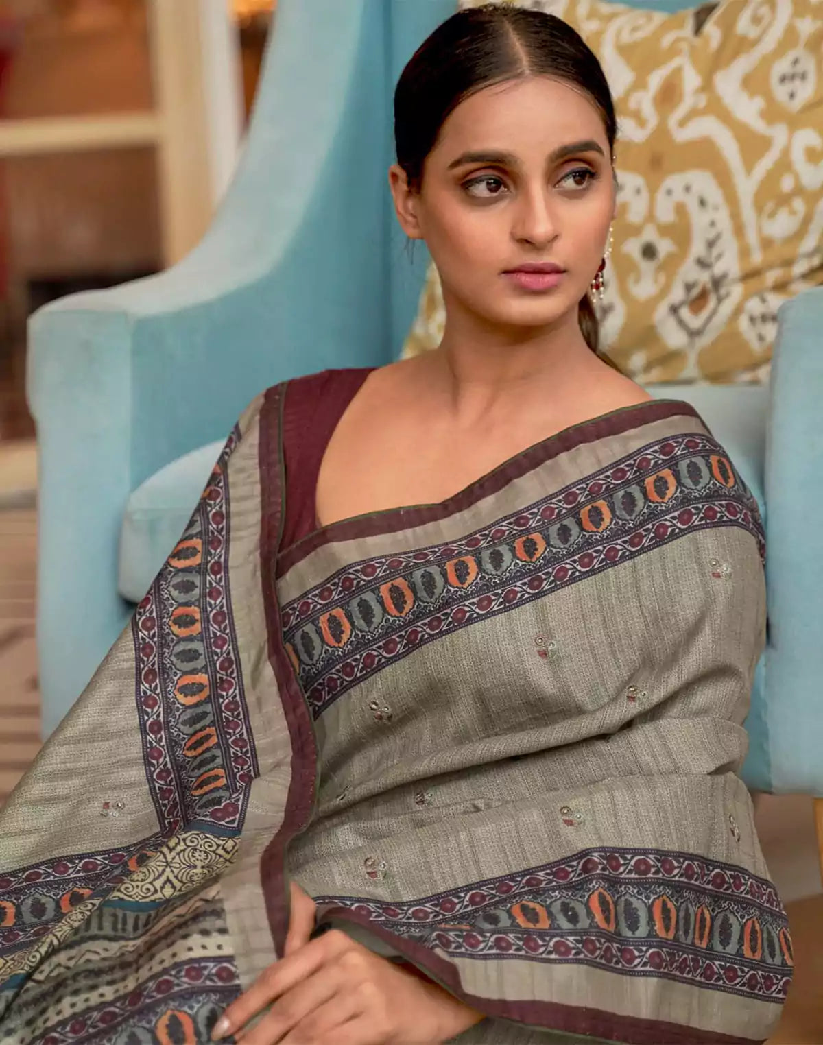 Image of Grey and Maroon Jute Silk Saree