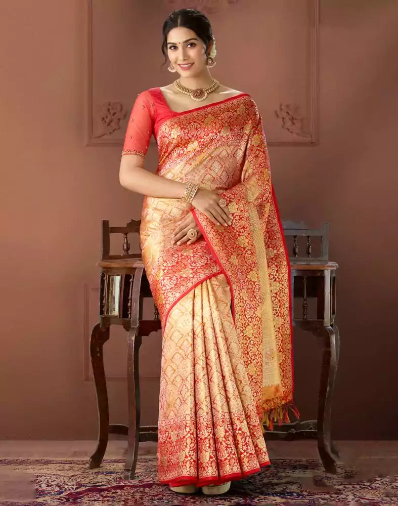 Image of Elegant Gold Coloured Double shaded Pure Silk Saree