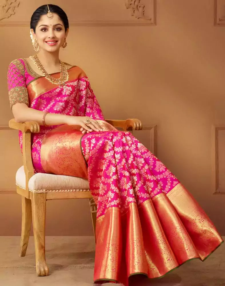 Image of Designer elegant Magenta Floral Pure Silk Saree