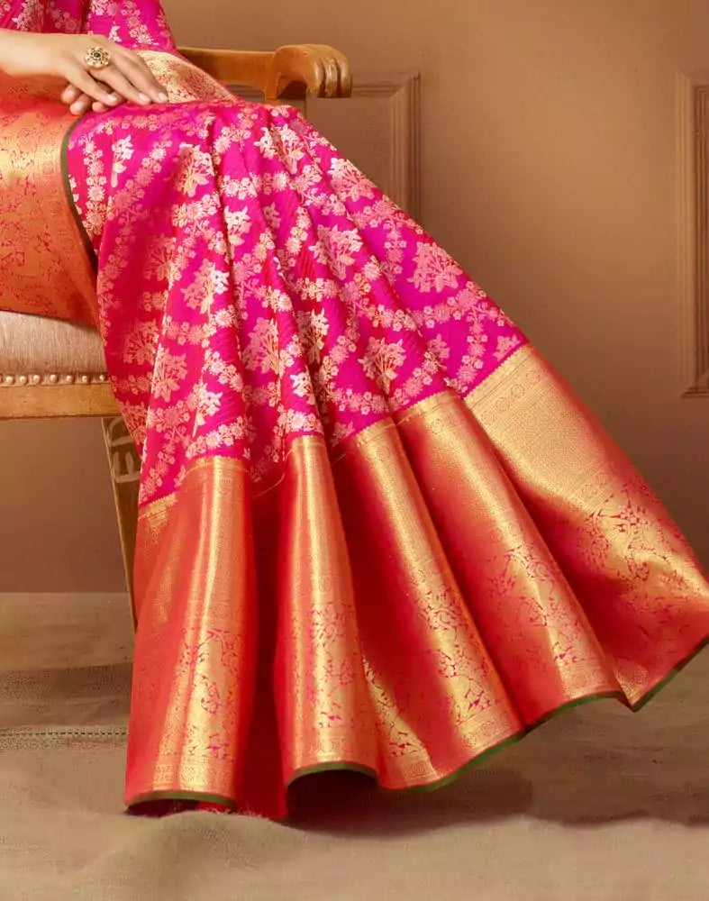 Image of Designer elegant Magenta Floral Pure Silk Saree