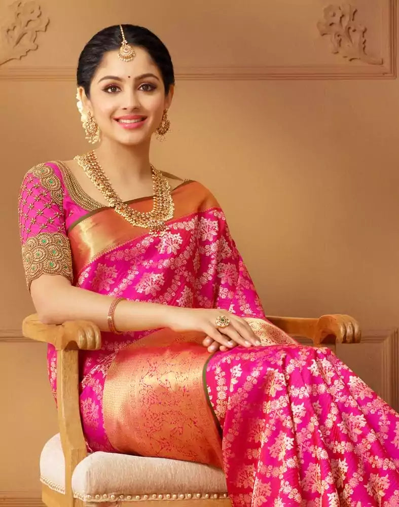 Image of Designer elegant Magenta Floral Pure Silk Saree