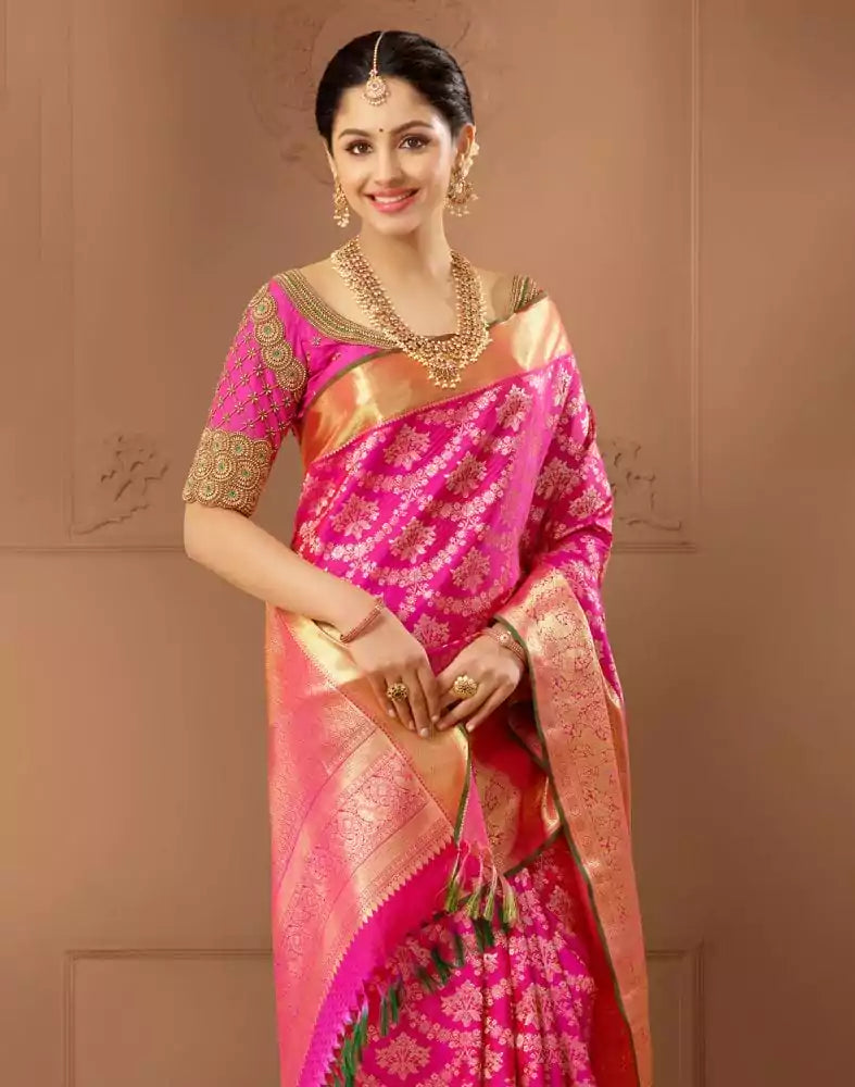 Image of Designer elegant Magenta Floral Pure Silk Saree
