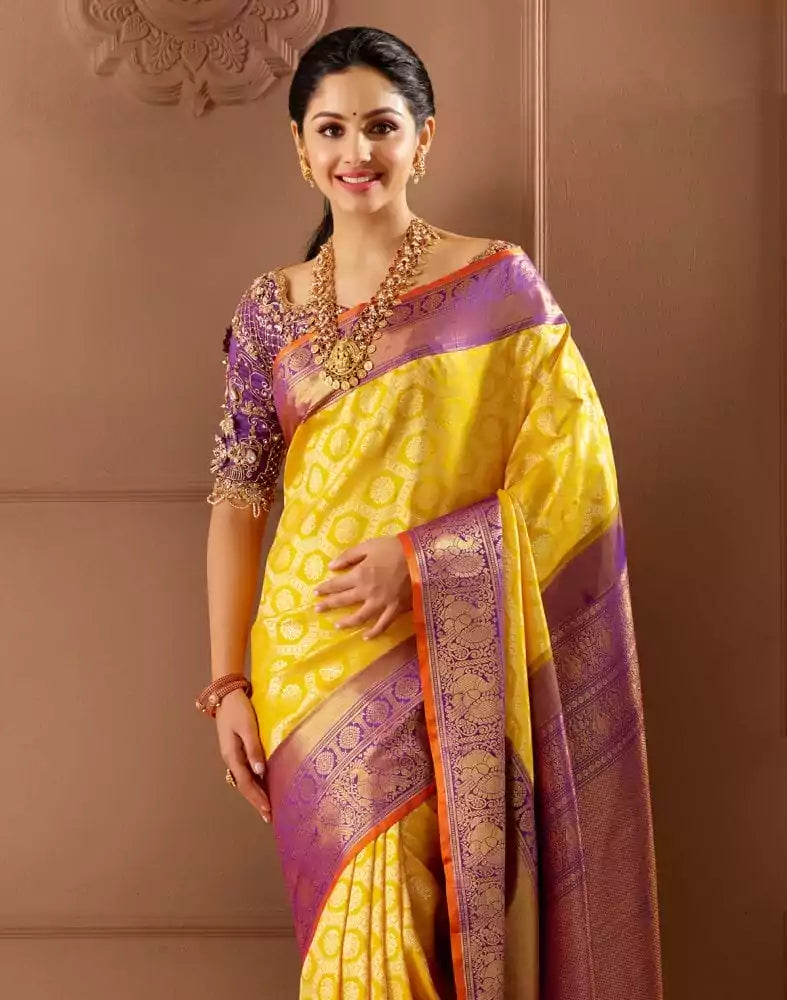 Image of Exclusive Yellow Coloured Floral Design Pure Silk Saree