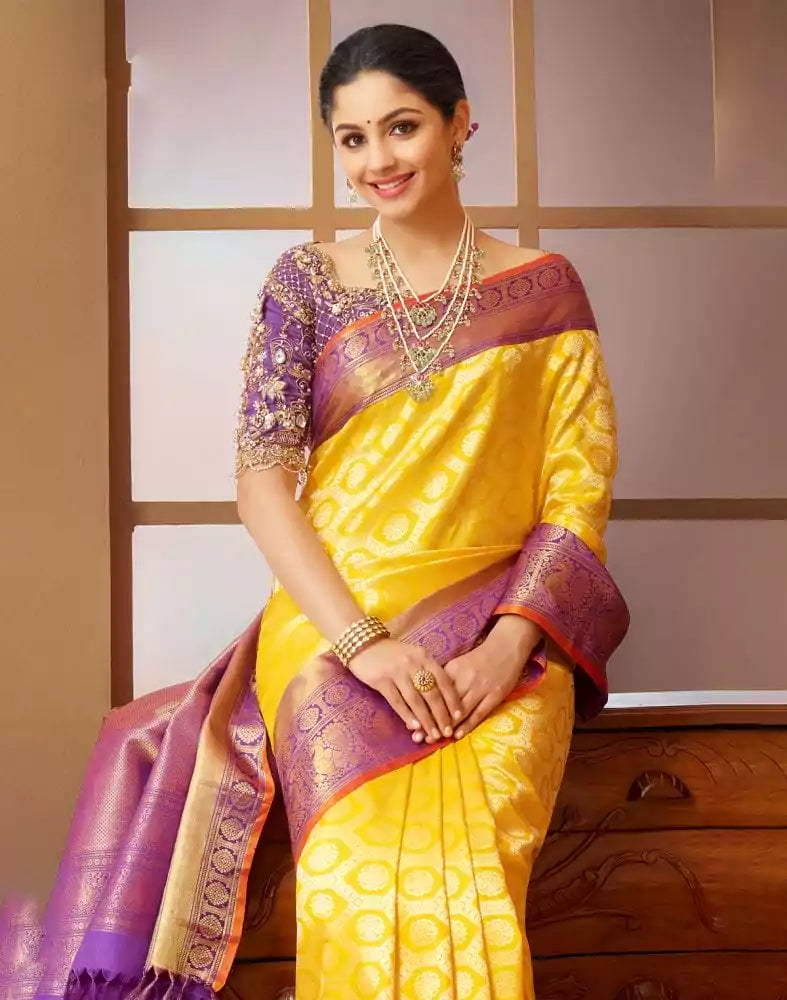 Image of Exclusive Yellow Coloured Floral Design Pure Silk Saree
