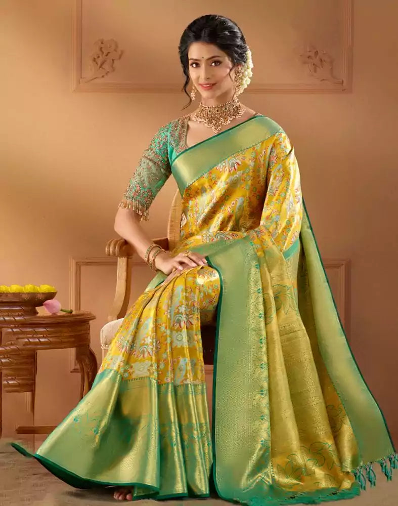 Image of Mustard Floral design Kanchi Pure Silk Saree