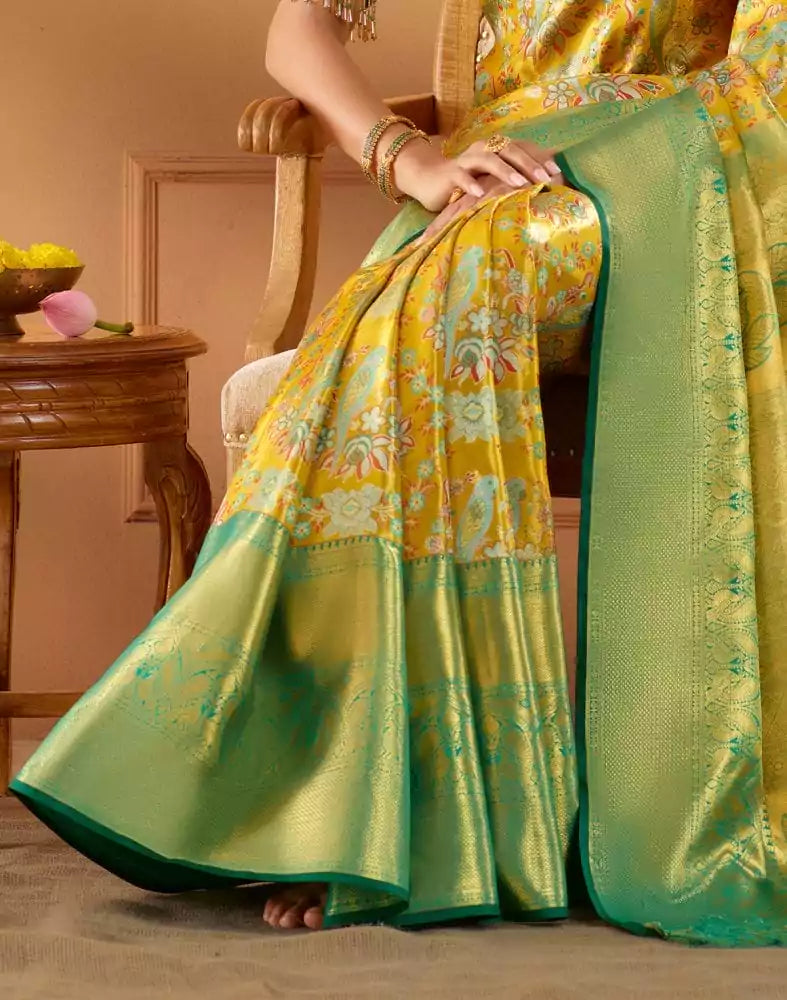 Image of Mustard Floral design Kanchi Pure Silk Saree