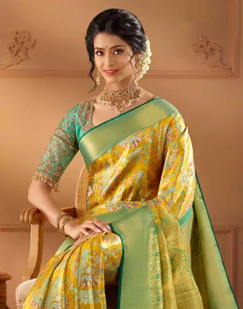 Image of Mustard Floral design Kanchi Pure Silk Saree