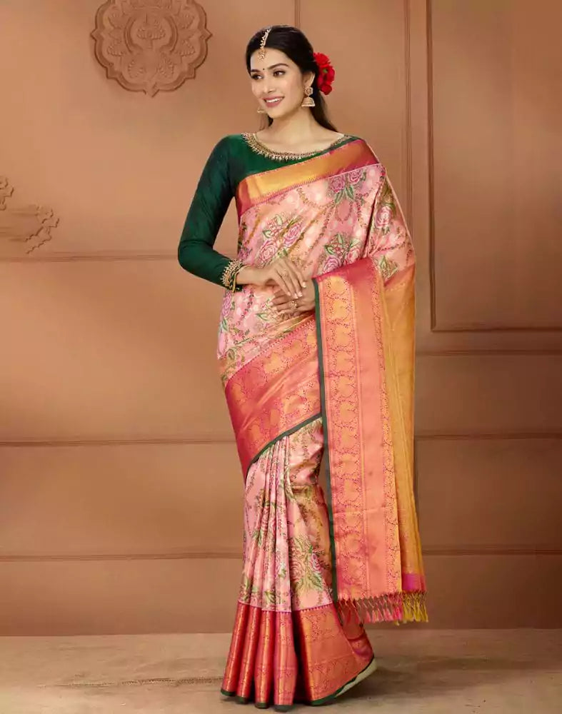 Image of Pink and Green Double shaded Pure Silk Saree