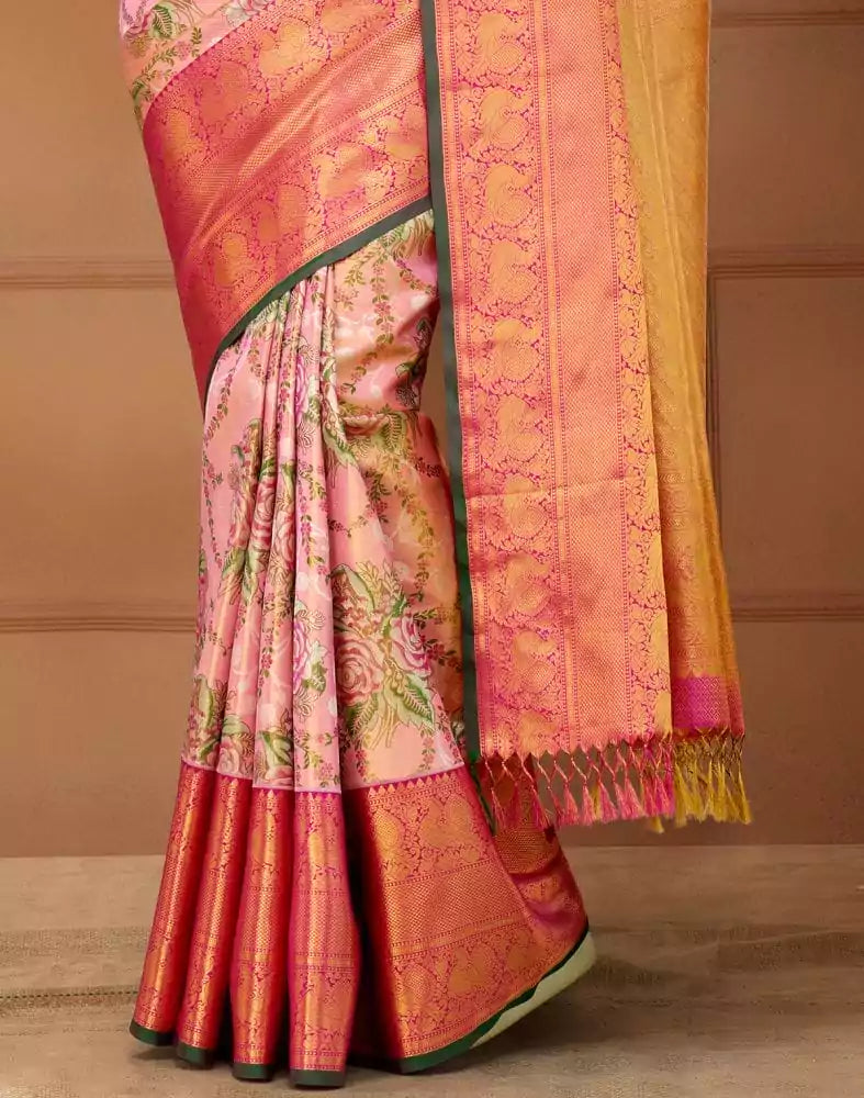 Image of Pink and Green Double shaded Pure Silk Saree