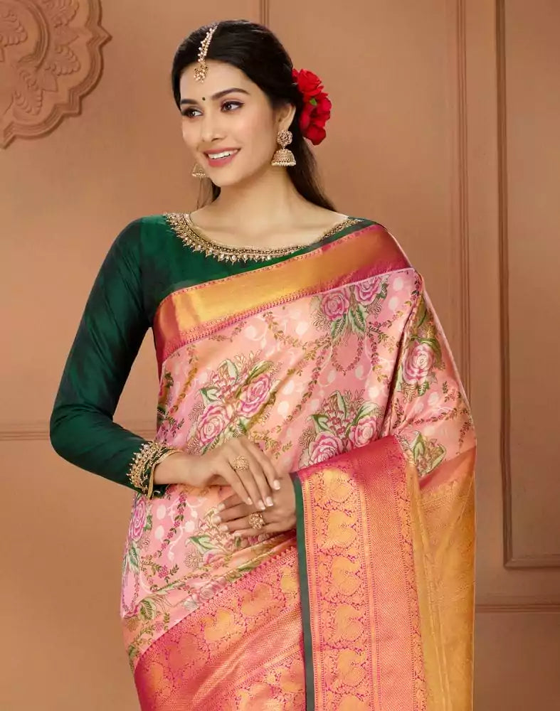 Image of Pink and Green Double shaded Pure Silk Saree