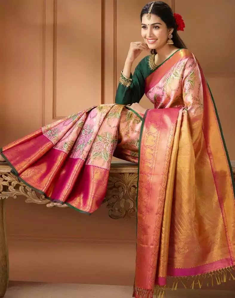 Image of Pink and Green Double shaded Pure Silk Saree