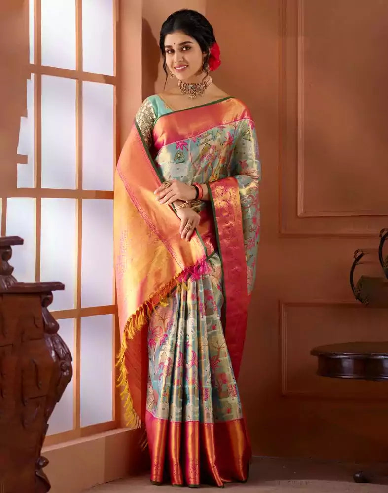 Image of Double shaded Aqua Blue Pure Silk Saree