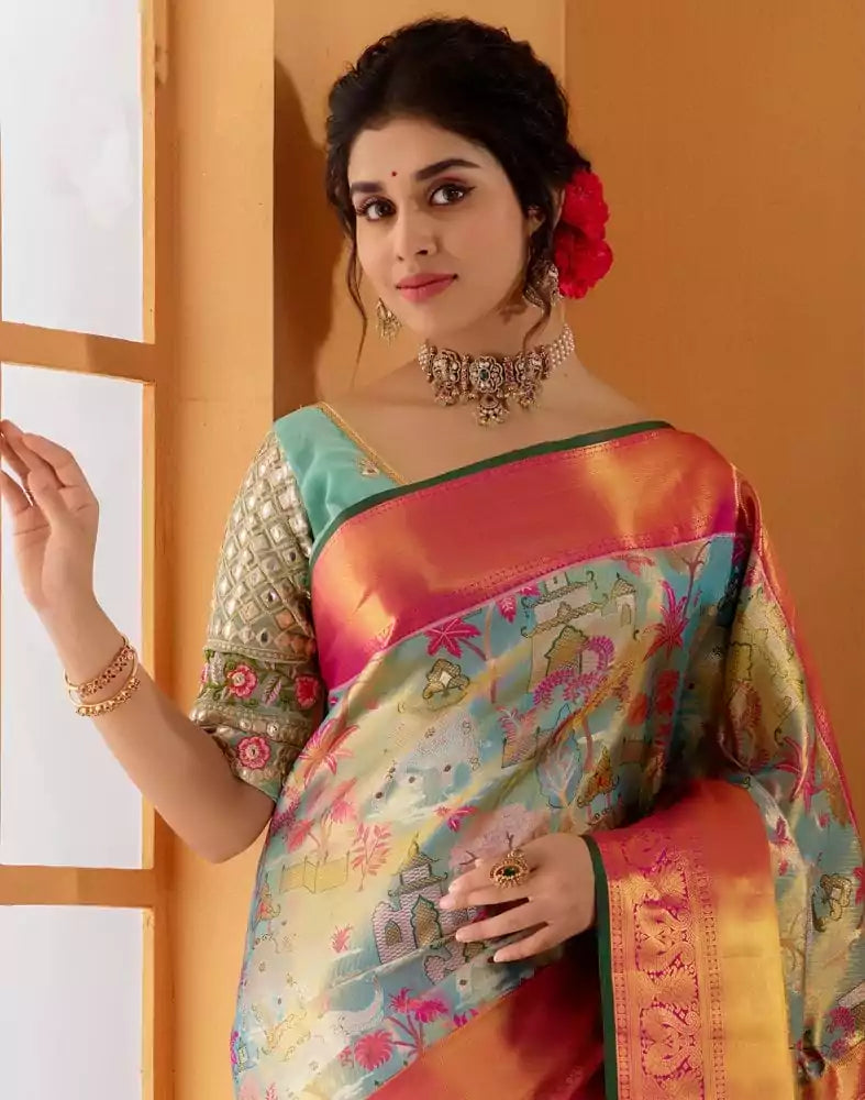 Image of Double shaded Aqua Blue Pure Silk Saree