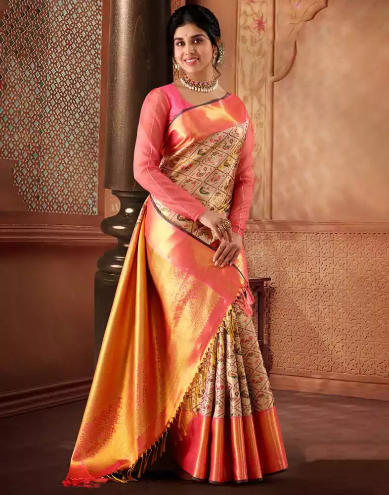 Image of Graceful Gold and Pink Pure Silk double shaded Saree