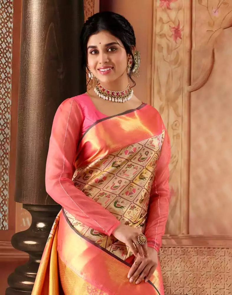 Image of Graceful Gold and Pink Pure Silk double shaded Saree