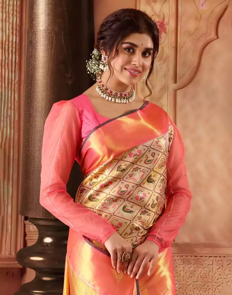 Image of Graceful Gold and Pink Pure Silk double shaded Saree