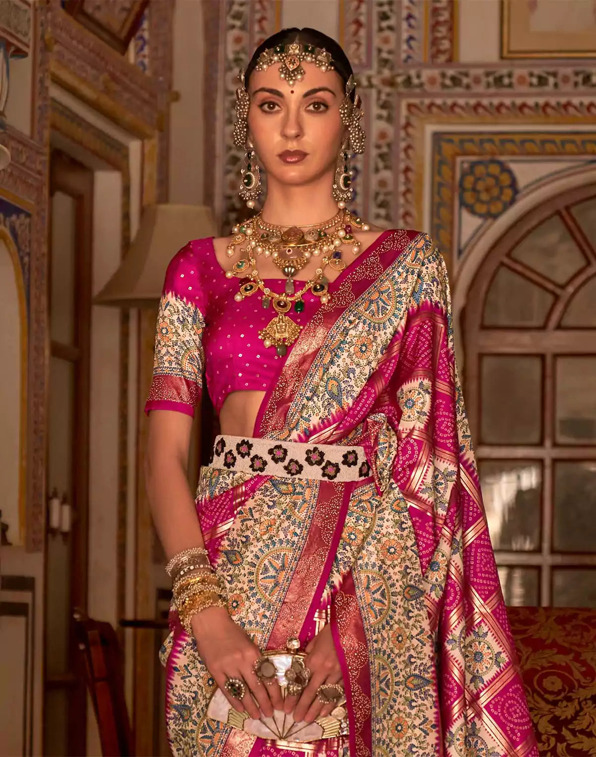 Image of Pink Coloured Bandhini Print Patola Silk Saree