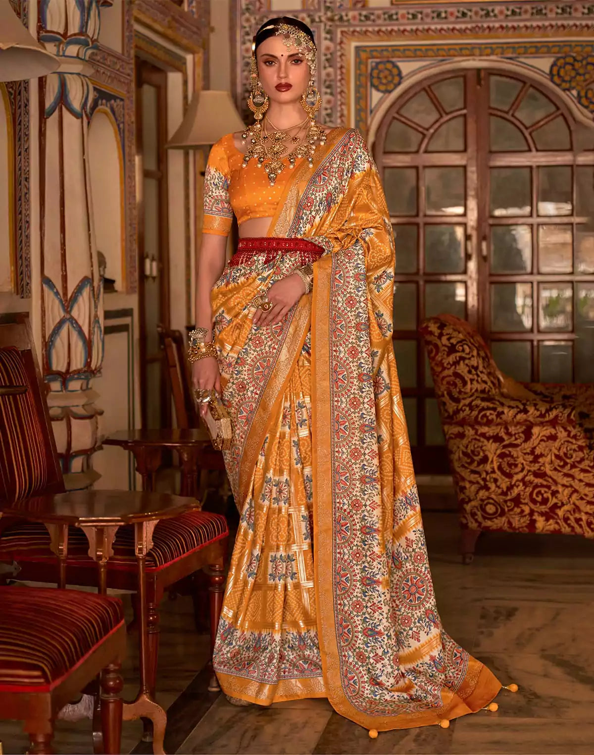 Image of Mustard Bandhini Print smooth Patola Silk Saree