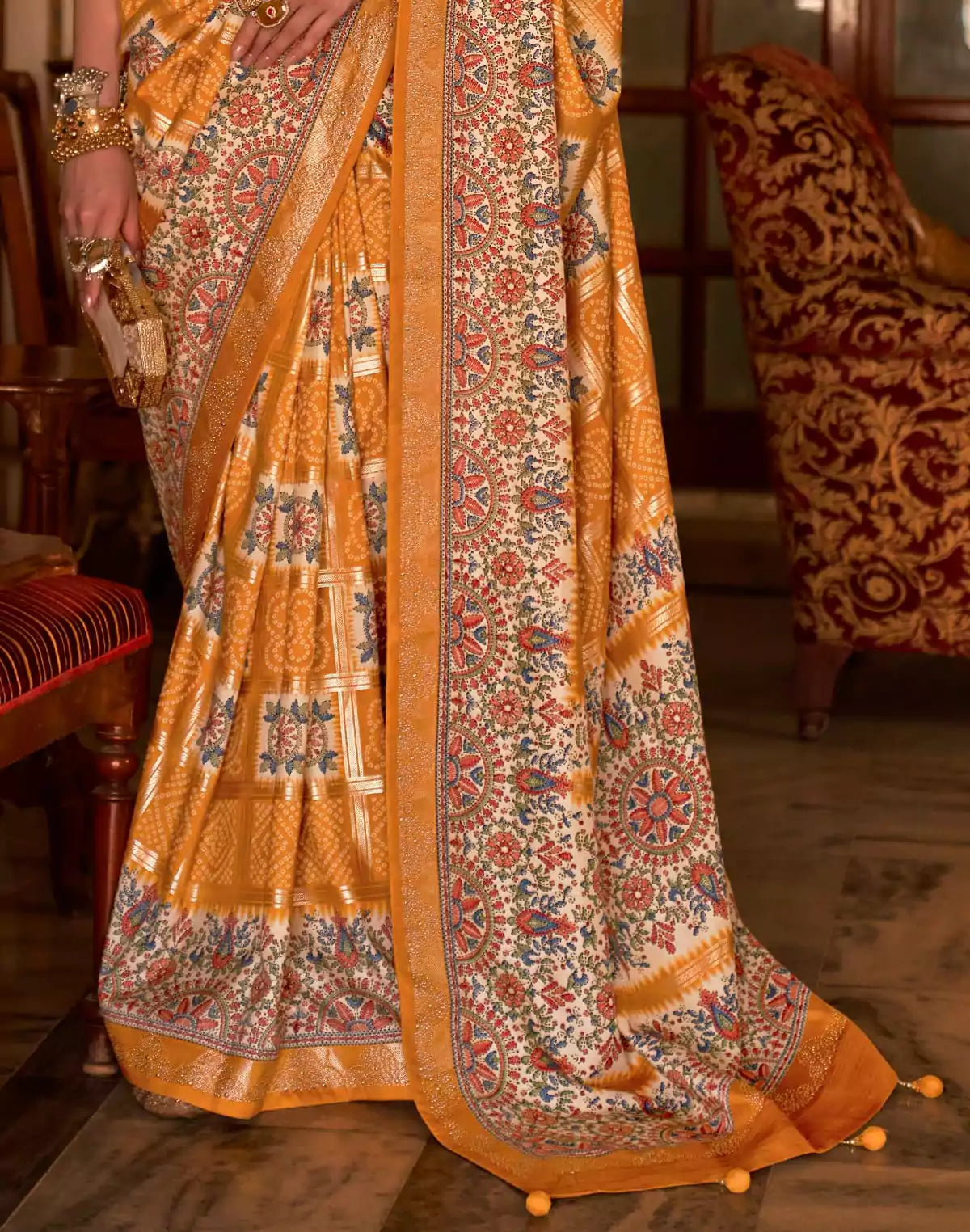 Image of Mustard Bandhini Print smooth Patola Silk Saree