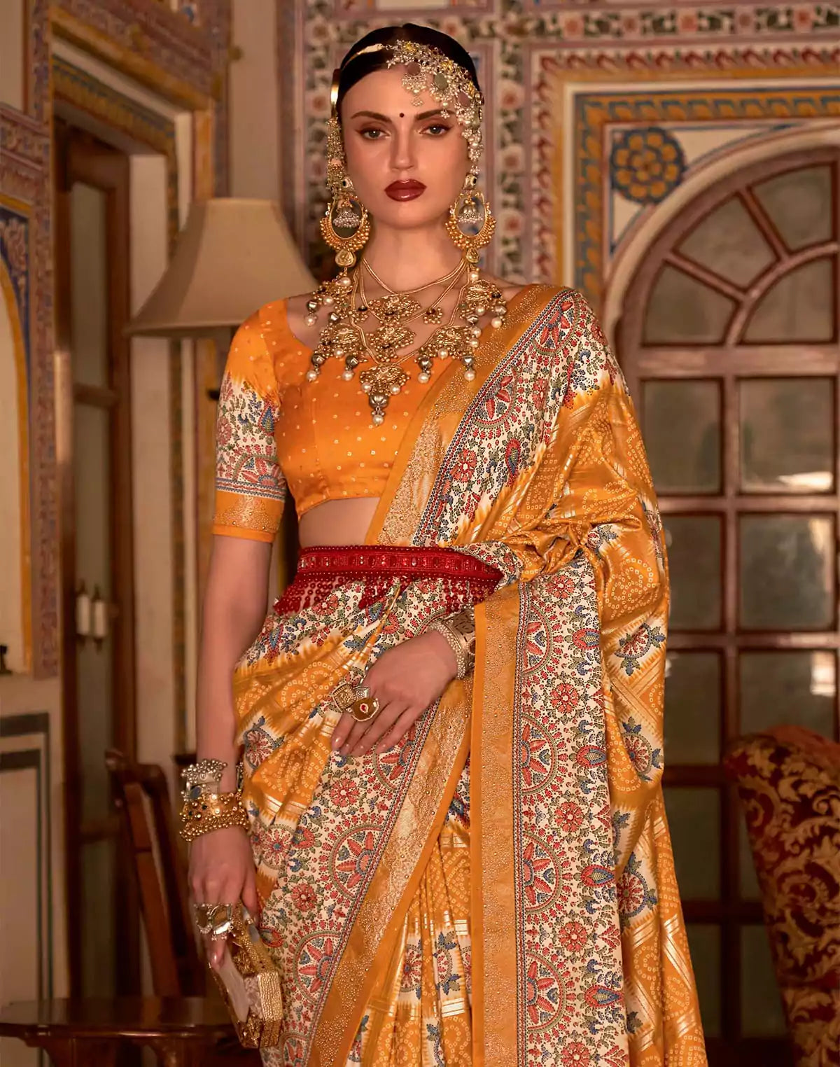 Image of Mustard Bandhini Print smooth Patola Silk Saree