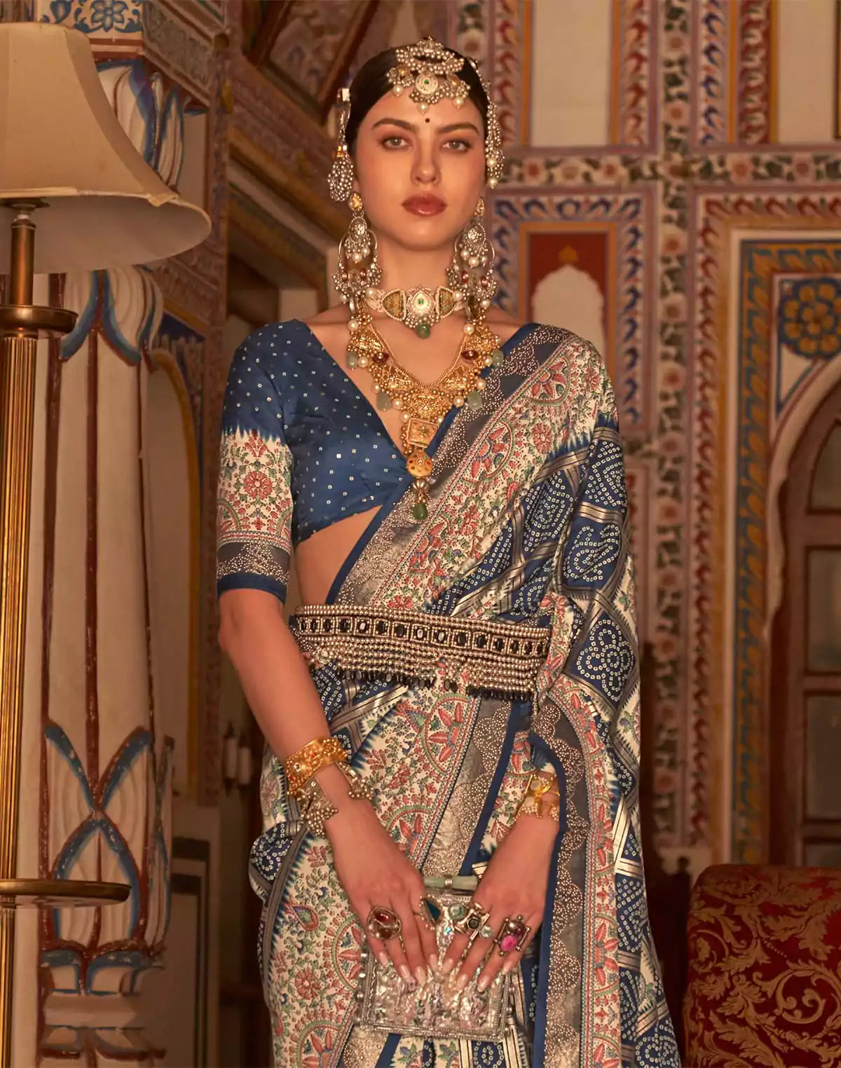 Image of Peacock Blue Patola Silk Bandhini Print Saree