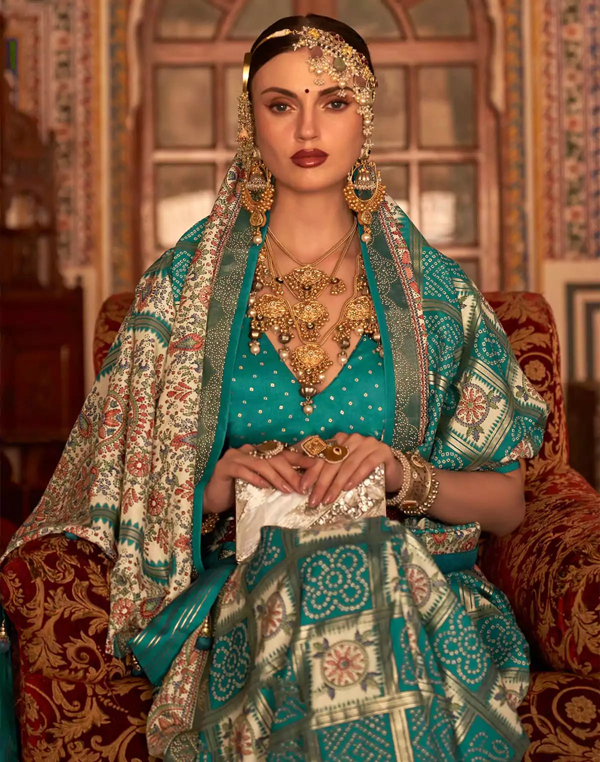 Image of Sea Green Designer Patola Silk Bandhini Saree