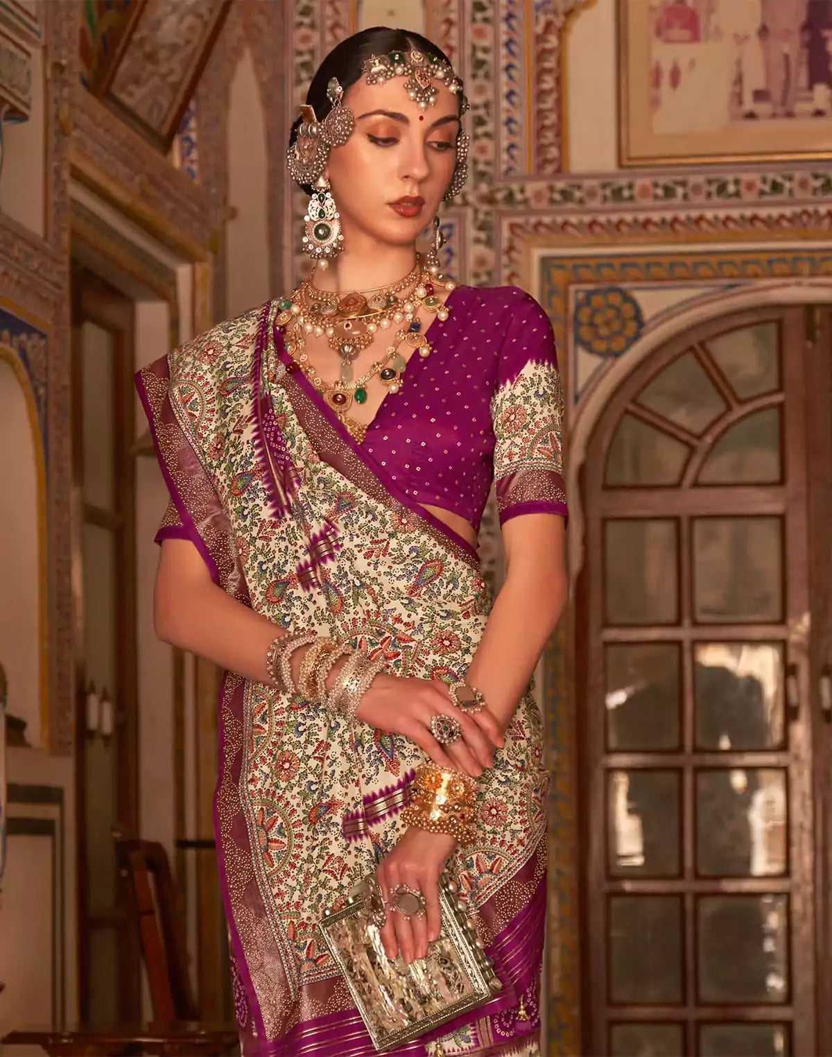 Image of Magenta Bandhini Print Art Patola Saree