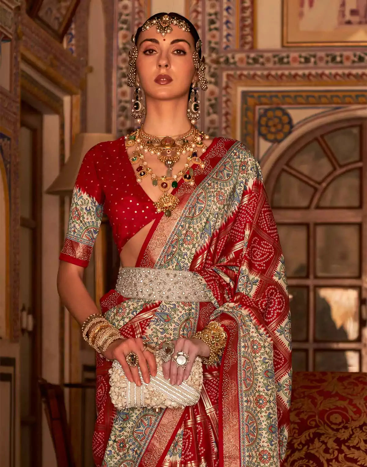 Image of Red Patola Silk Bandhini Print Party Wear Saree