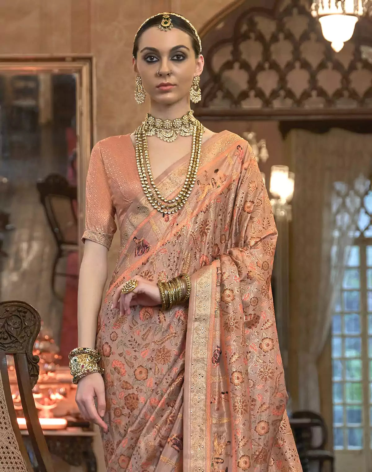 Image of Blissful Peach Colour Floral  Mica Print Patola Saree