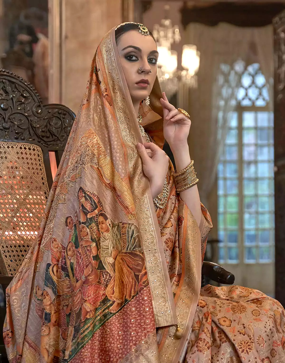 Image of Blissful Peach Colour Floral  Mica Print Patola Saree