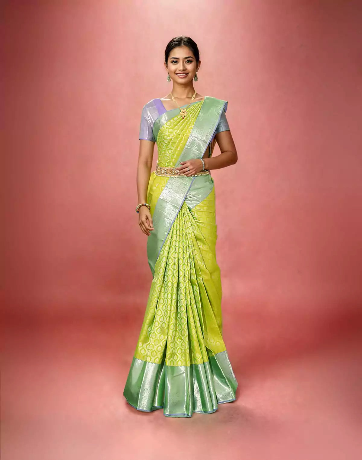 Image of Light Parrot Green Floral Zari Contrast Saree