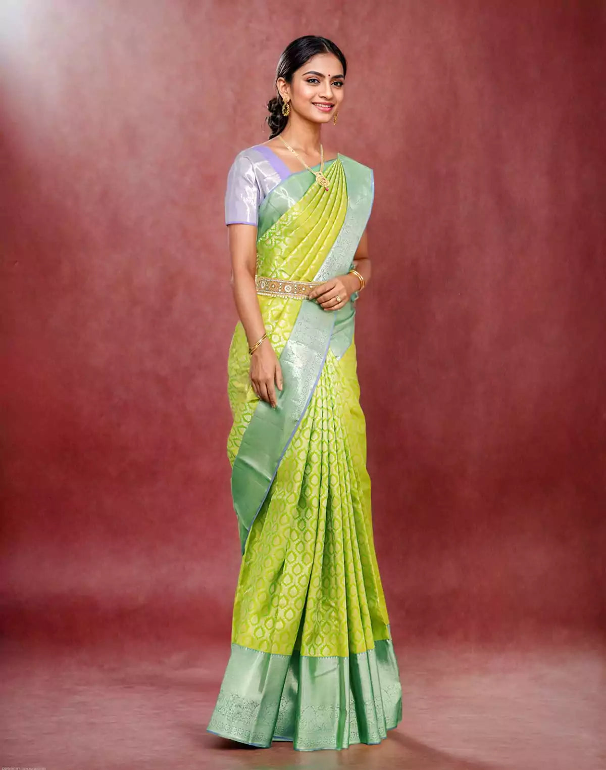 Image of Light Parrot Green Floral Zari Contrast Saree