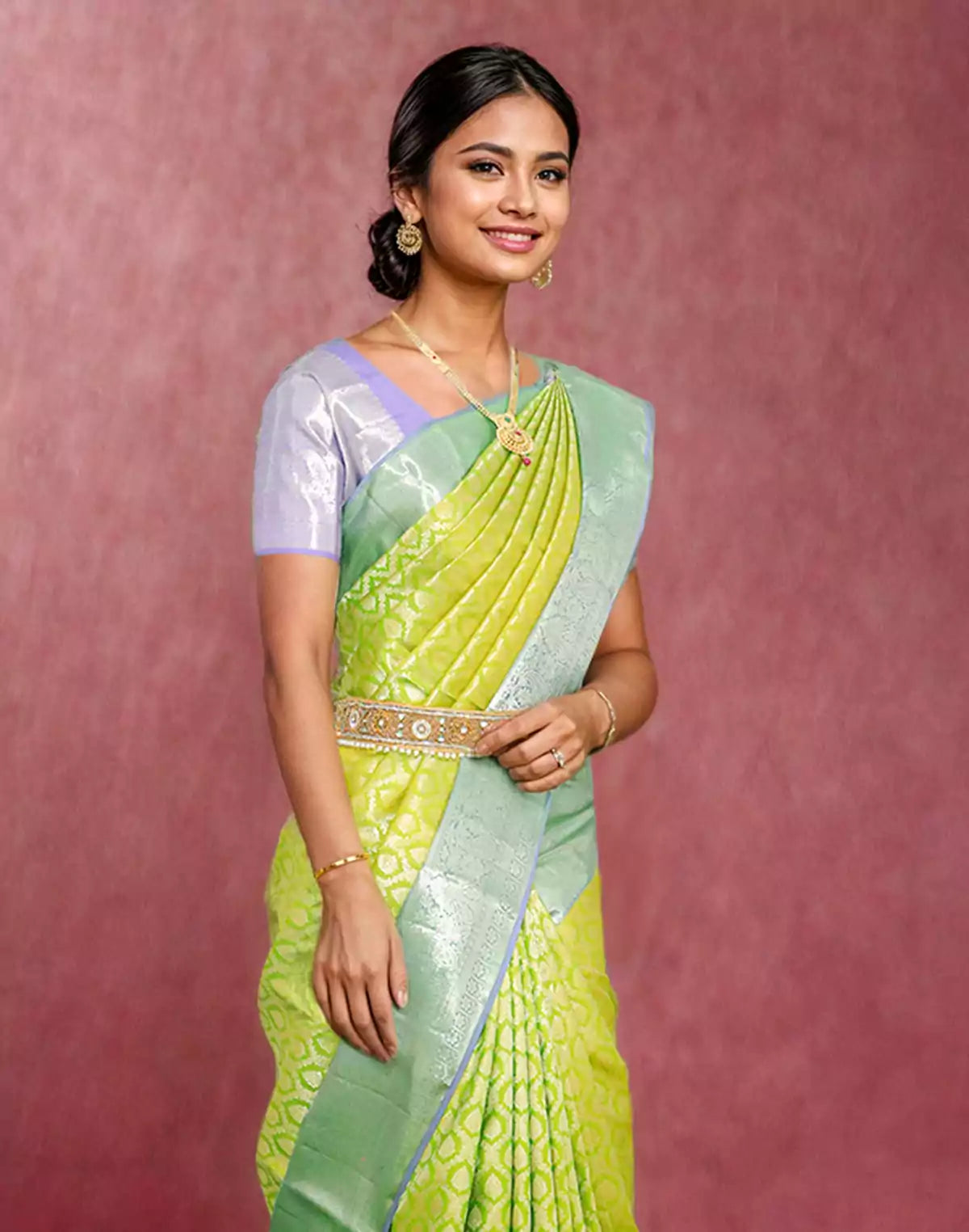 Image of Light Parrot Green Floral Zari Contrast Saree