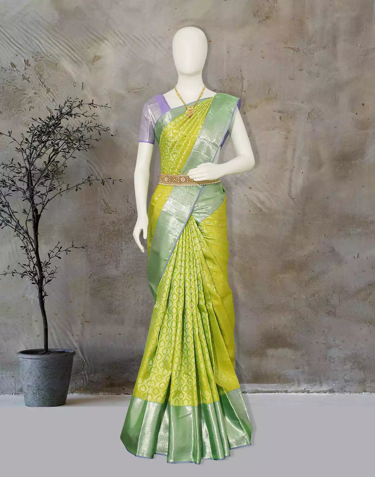 Image of Light Parrot Green Floral Zari Contrast Saree