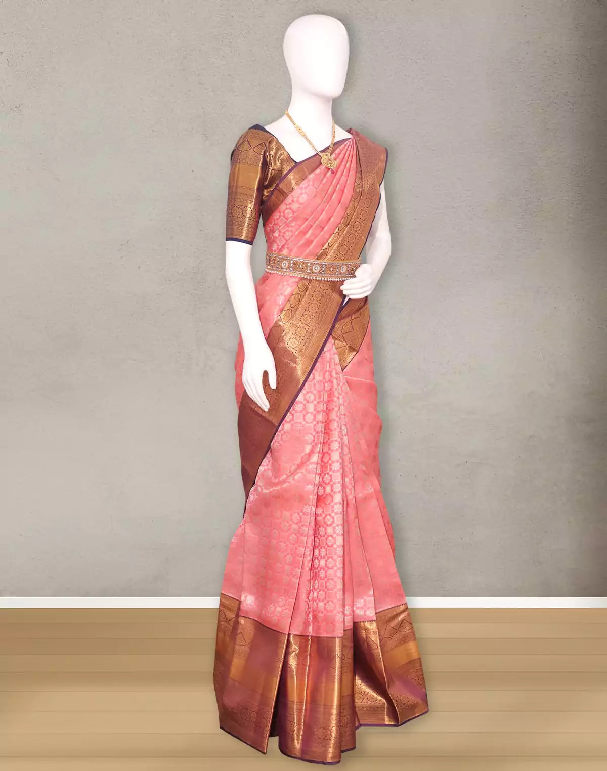 Image of Attractive Peach Copper Zari skut border Saree