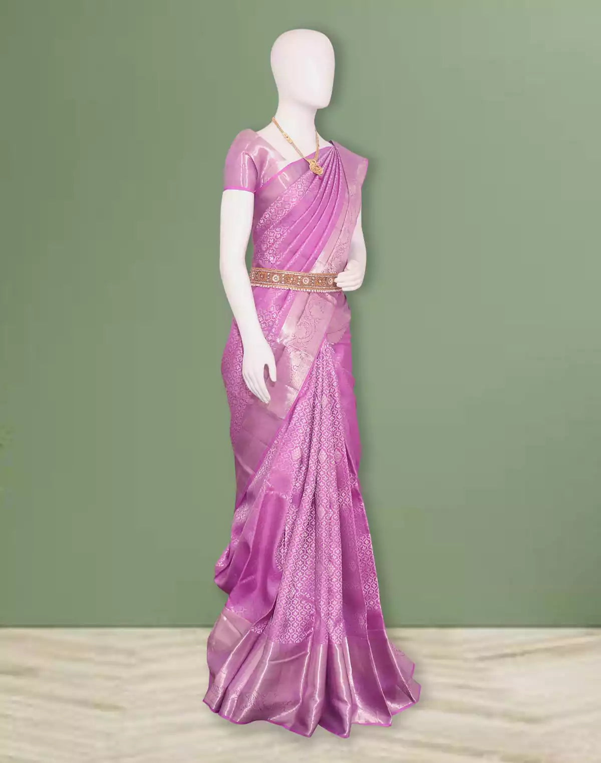 Image of Lavender Coloured Floral Silver Zari Self Border Saree