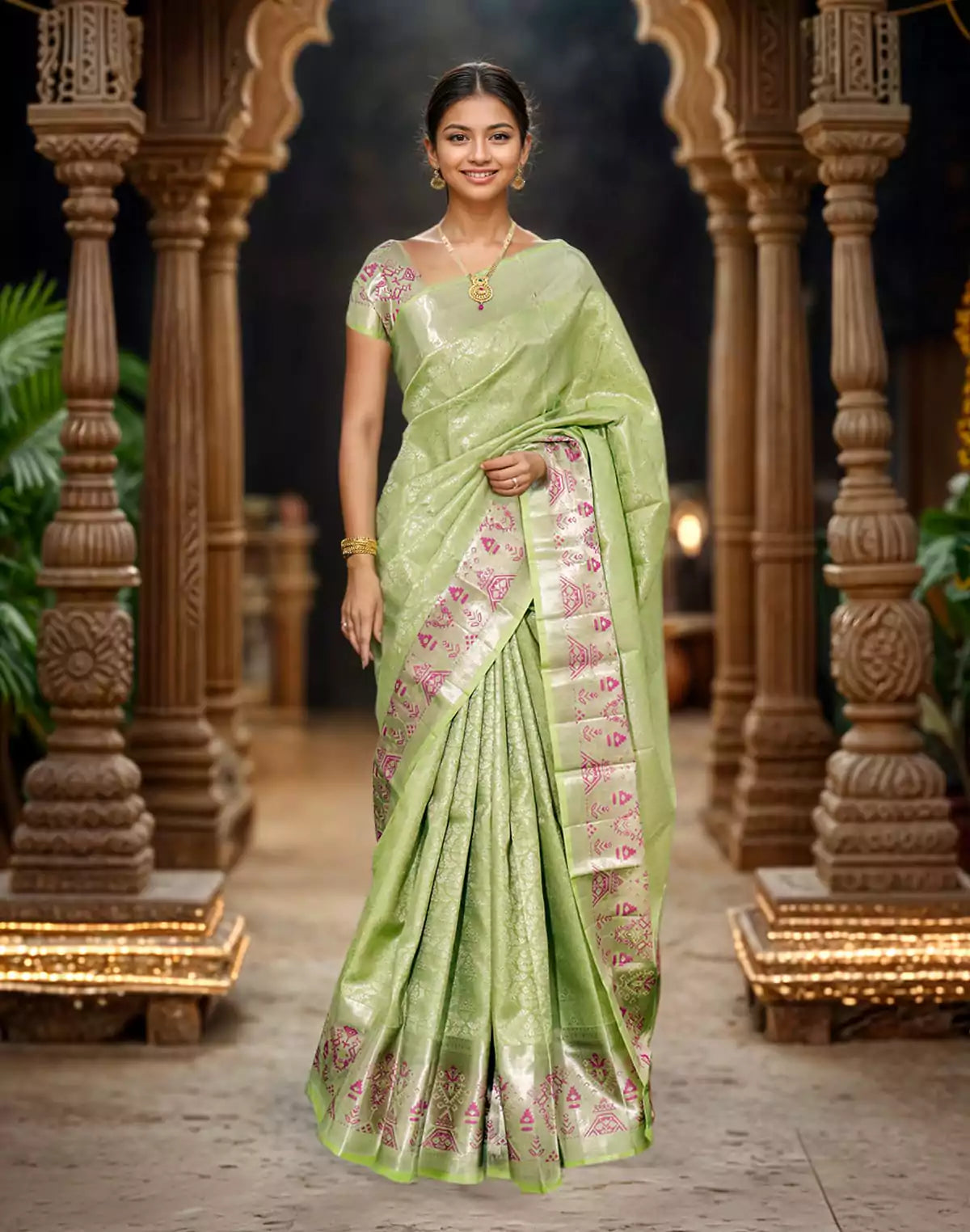 Image of Pista Green all over Silver Zari Meenakari with Self Border Saree