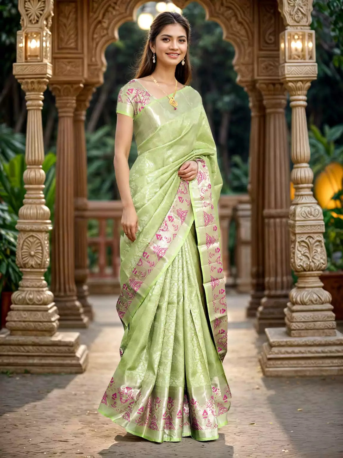 Image of Pista Green all over Silver Zari Meenakari with Self Border Saree