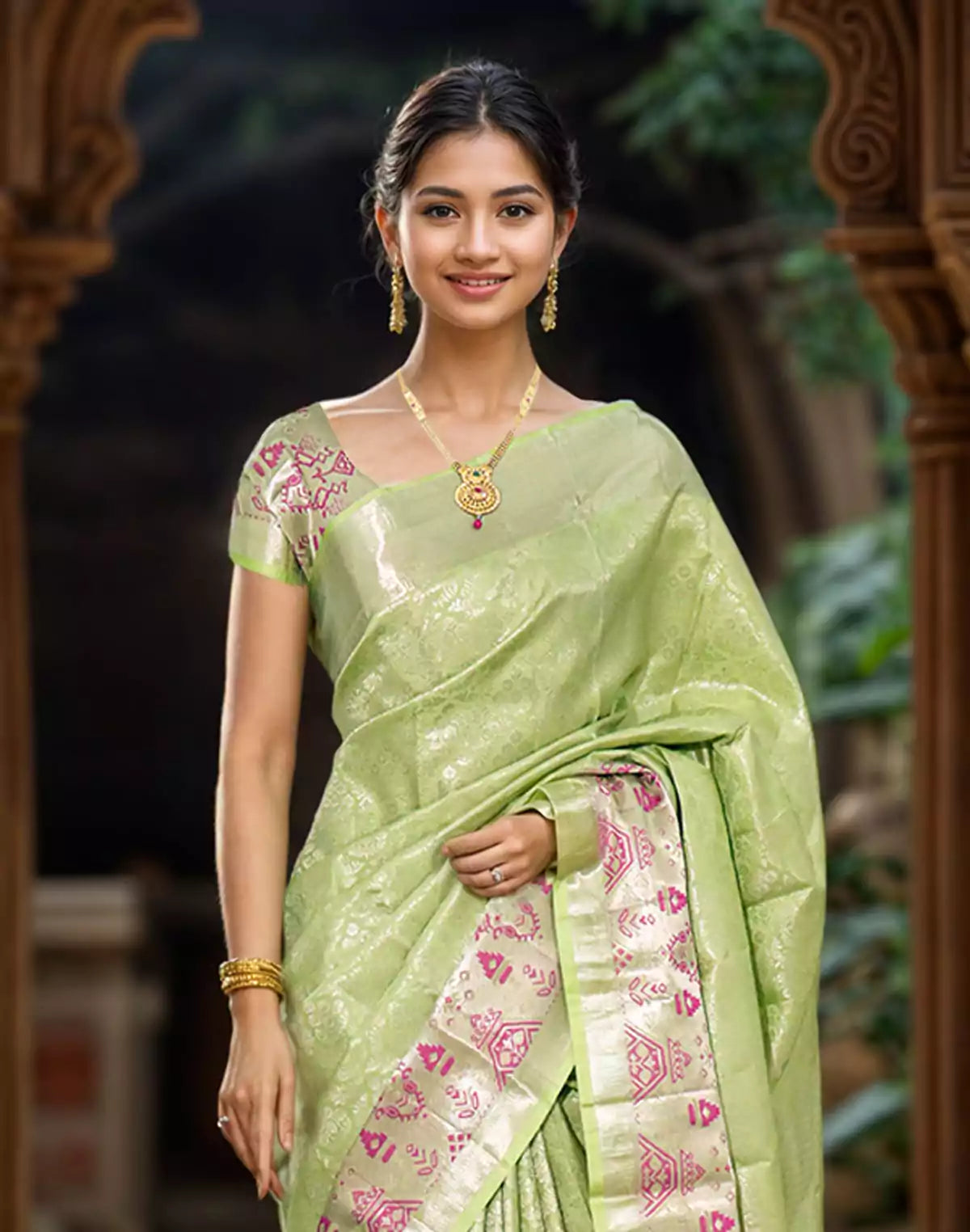 Image of Pista Green all over Silver Zari Meenakari with Self Border Saree